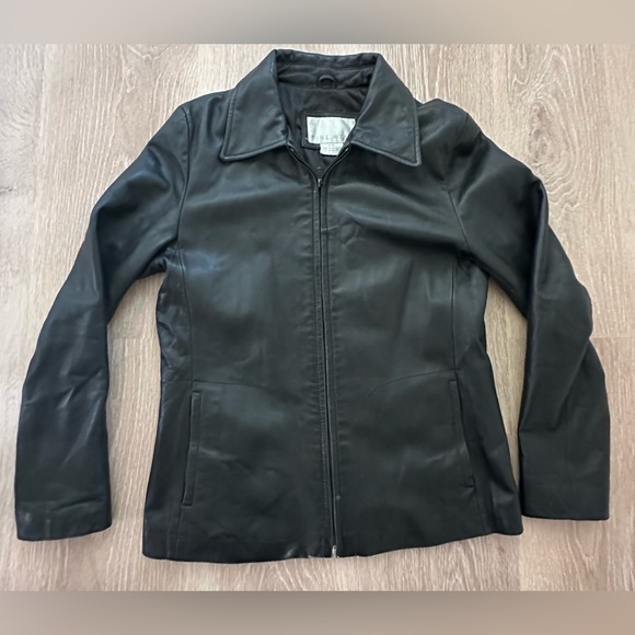 Ninewest Womens 100% Genuine Leather Jacket|ZIp Up|Black|Sz‎ M - Picture 1 of 6